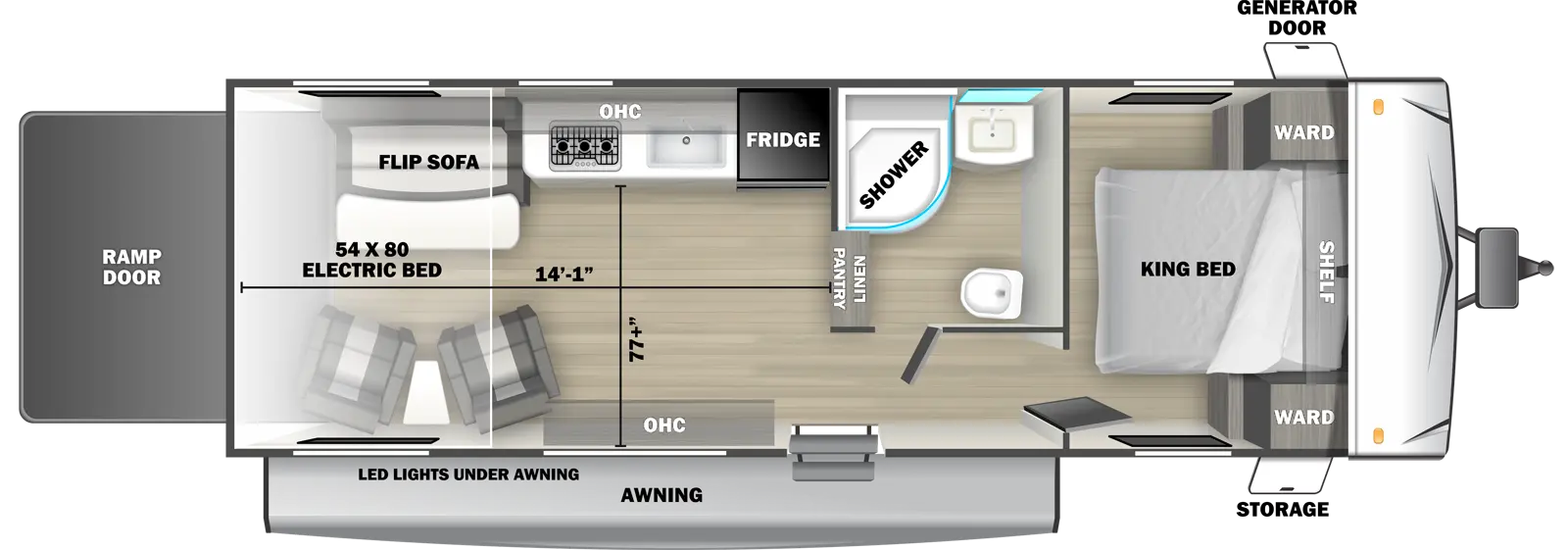 The 2530SRE travel trailer has no slide outs, 1 entry door and 1 rear ramp door. Exterior features include an awning with LED lights, front door side storage and front off-door side generator door. Interior layout from front to back includes: front bedroom with foot-facing King bed, shelf over the bed, and front corner wardrobes; off-door side bathroom with shower, linen storage, toilet and single sink vanity; off-door side kitchen with stovetop, overhead cabinet, sink and refrigerator; door side overhead cabinet; 54 x 80 electric bed sits over 2 recliners with end table and off-door side flip sofa. Cargo length from rear of unit to kitchen wall is 14 ft. 1 in. Cargo width from kitchen countertop to door side wall is 77 inches.